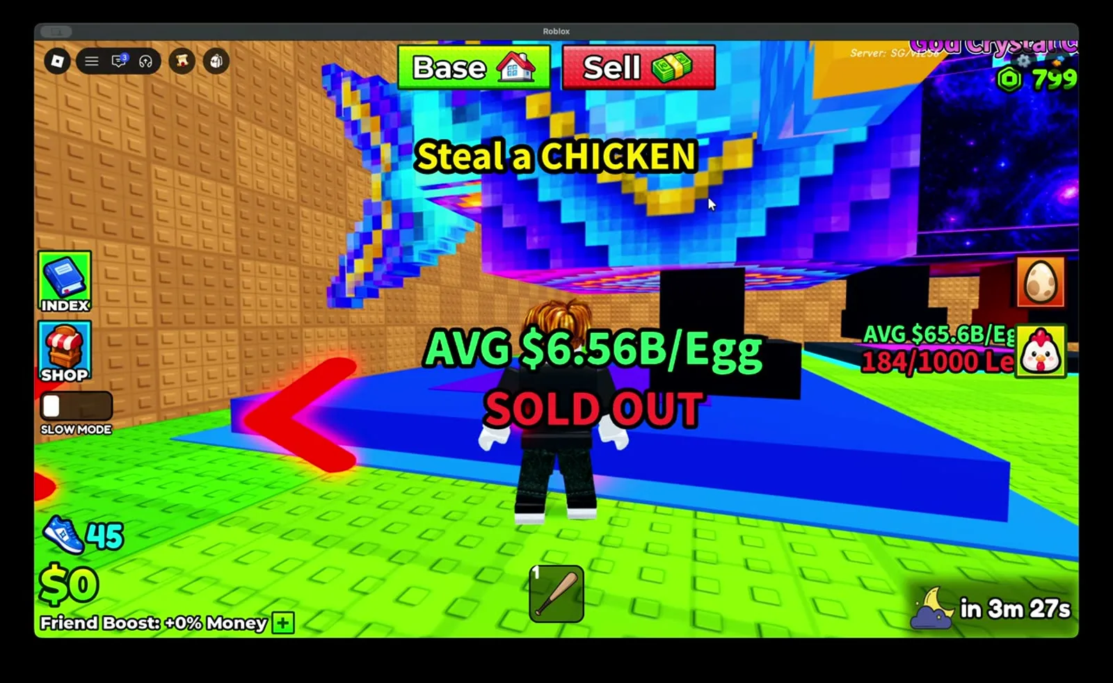 Steal a Chicken game field with the Fusion Machine and limited chickens